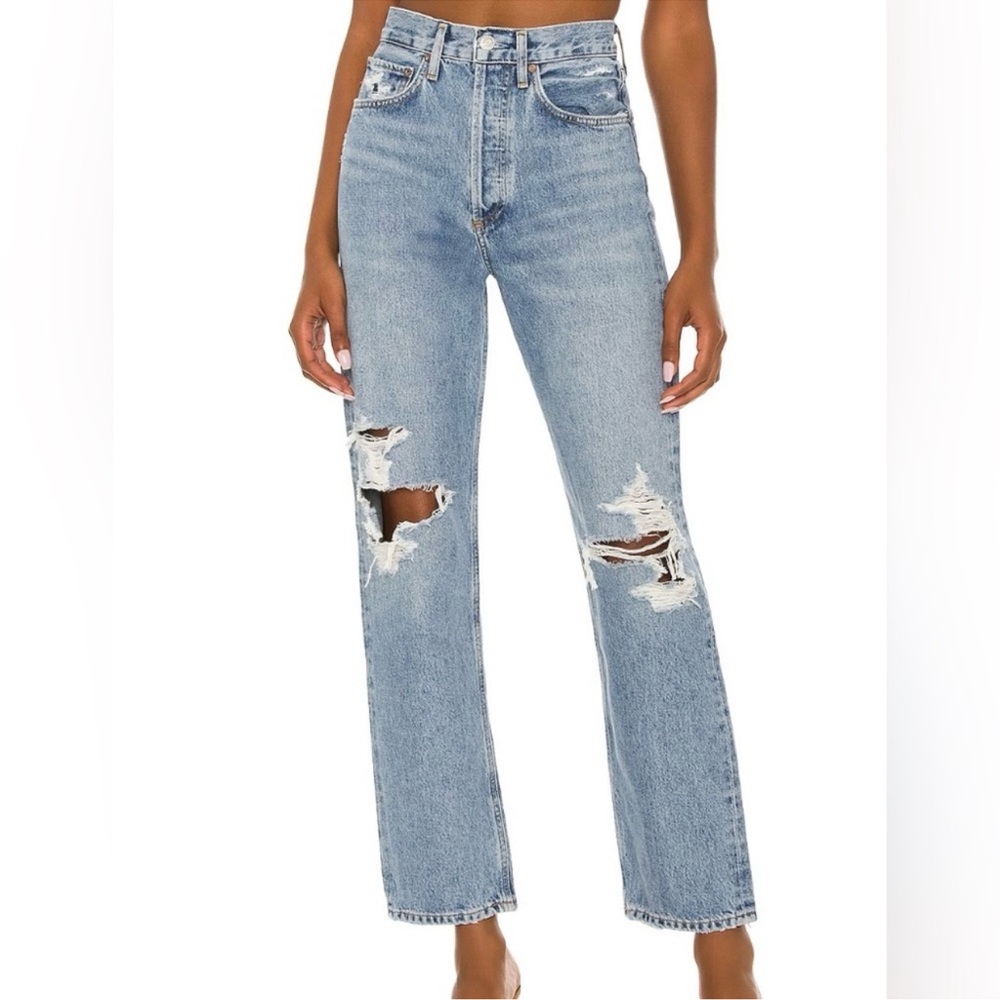 Agolde Light Blue Distressed Straight Leg Jeans